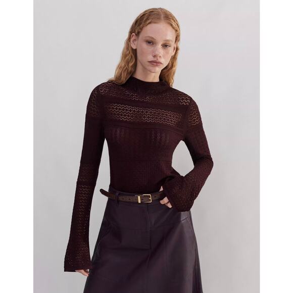 ME+EM Red Elevated Pointelle Knit Bell Sleeve Burgundy Sweater 2 Long Sleeve - Picture 1 of 11